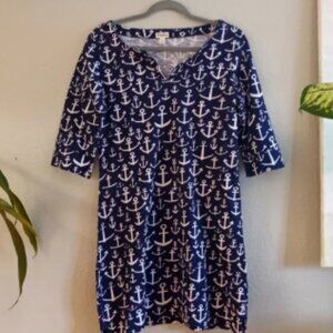 Hatley Cotton Nautical Anchor Print Coastal Beachy Loose Fit Shift Dress